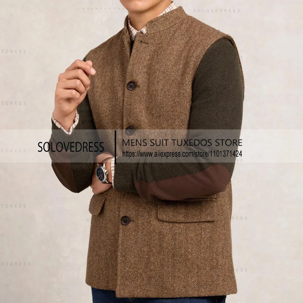Herringbone Men's Vest Stand Collar Men's Herringbone Waistcoat Single Breasted Men's Suits Vest For Wedding
