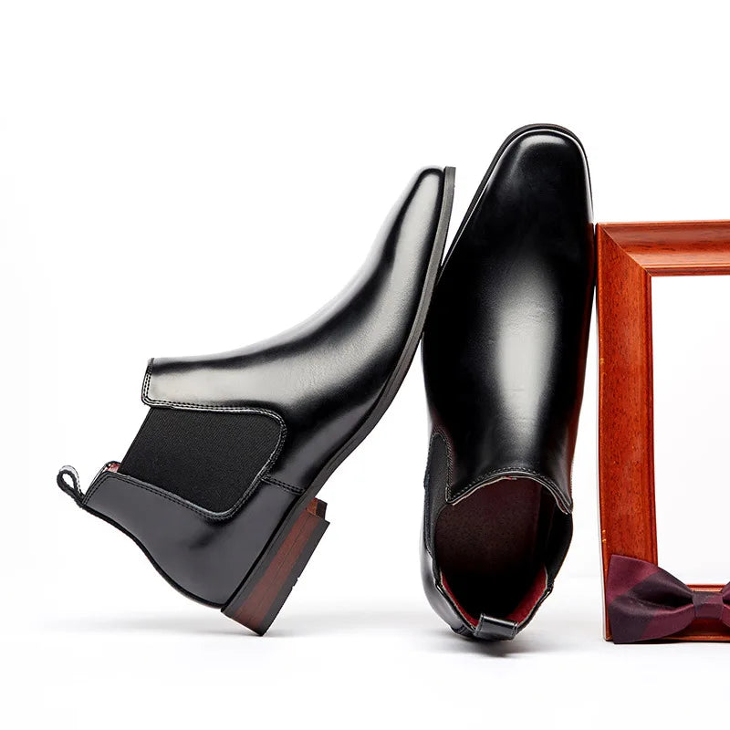 Elegant Simple Men Leather Boots Long Tip Square Toe British Chelsea Boots for Men Formal Business Luxury Shoes Spring Winter