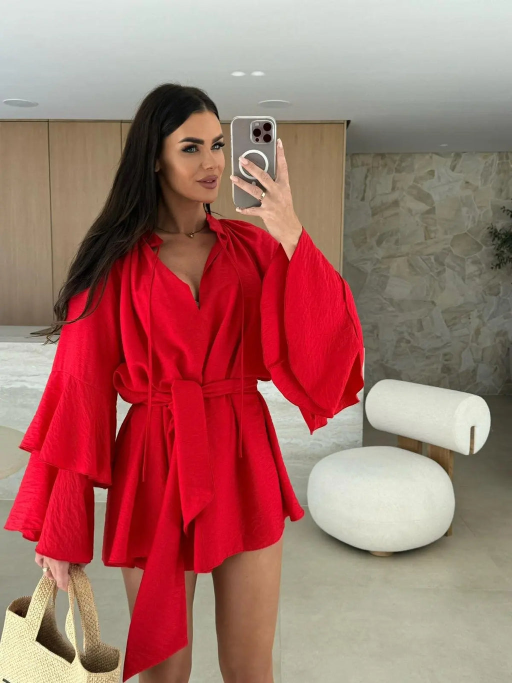 2026 Autumn Ruffle Loose Mini Dress Casual Flare Sleeve Holiday Dresses Sexy Deep V-neck Lace Up Solid Women's Dress Vestidos