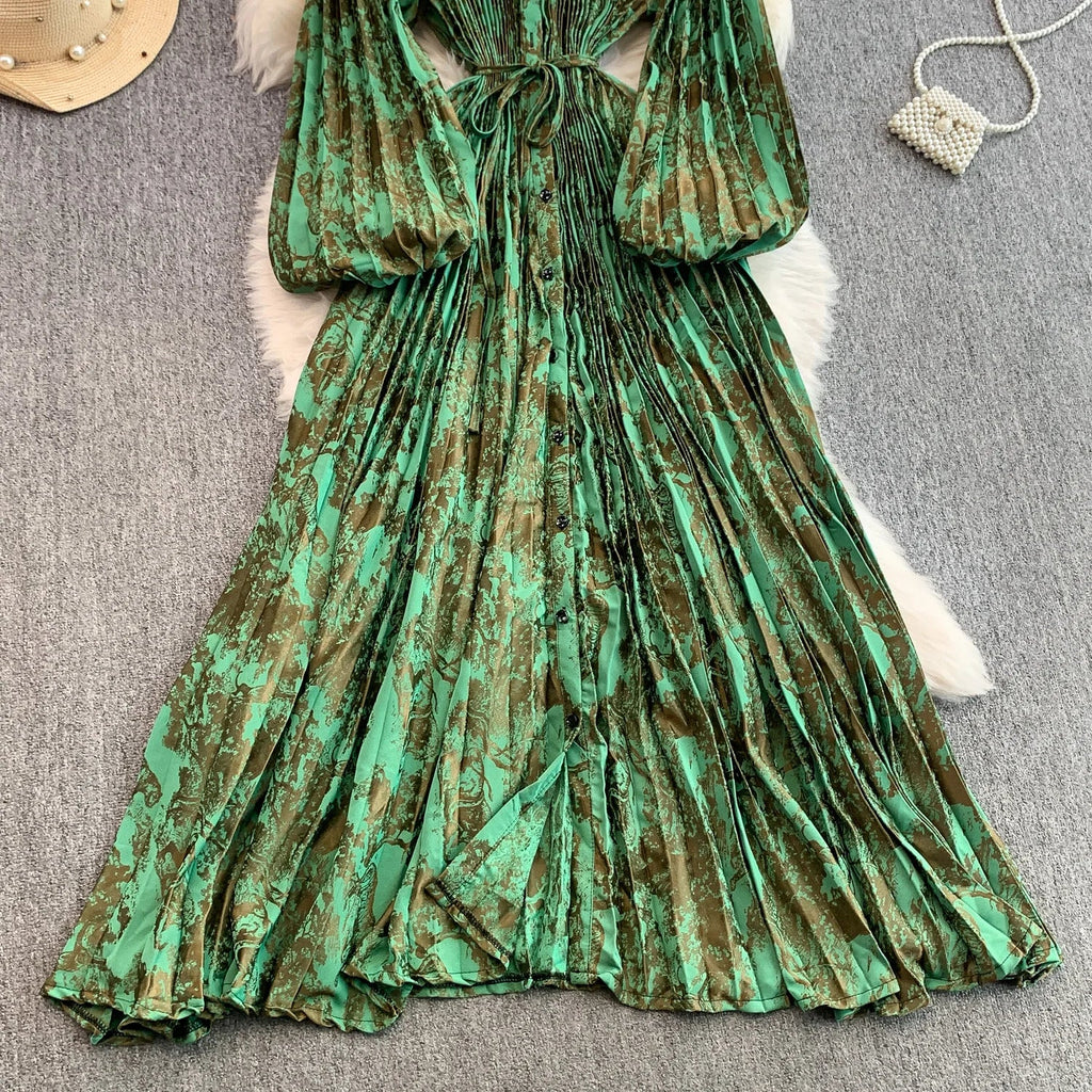 Printed round Ne Lantern Sve Dr Women's Single Button Waist Cinch Maxi Skirt Long Dr Commute Sle Autumn