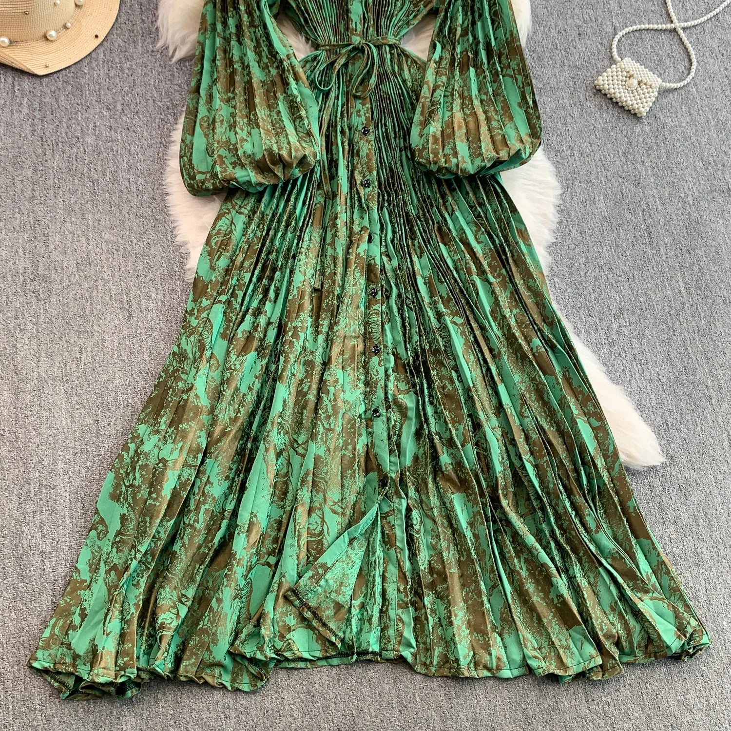 Printed round Ne Lantern Sve Dr Women's Single Button Waist Cinch Maxi Skirt Long Dr Commute Sle Autumn