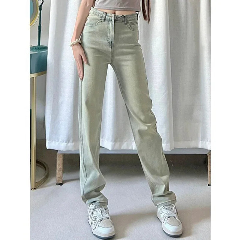 Women Korean Thin Straight Leg Jeans Pants