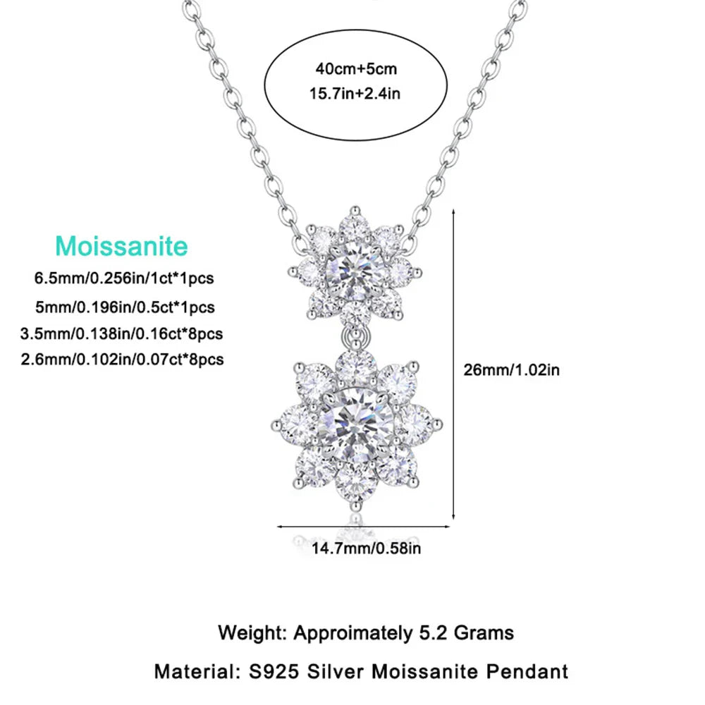 1.73CT D Color Full Moissanite Pendant Necklace for Women Certified 925 Sterling Silver Sunflower Necklace Party Wedding Jewelry