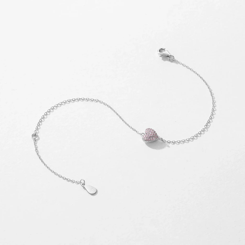 925 Sterling Silver Light Pink Zircon Heart Adjustable Bracelet Chain Link for Women Jewelry Romantic Anniversary Gift