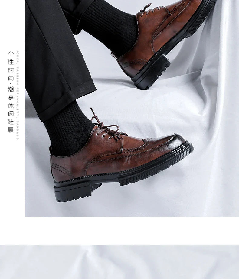 Men Korea Leather Platform Oxfords Slip on Thick Tottom for Male Derby Shoes Casual Loafers Mens Square Toe Formal Dress Shoes