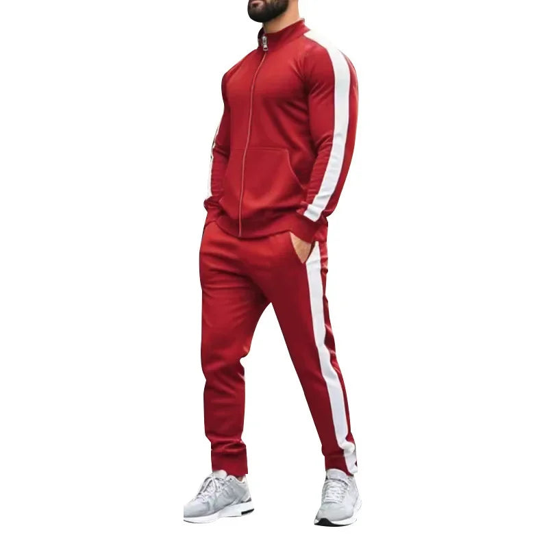 2025 Spring Autumn Men's 2-Piece Set Color Blocking Zipper Stand Collar Casual Sports Jacket Sweatshirt Trousers Suit