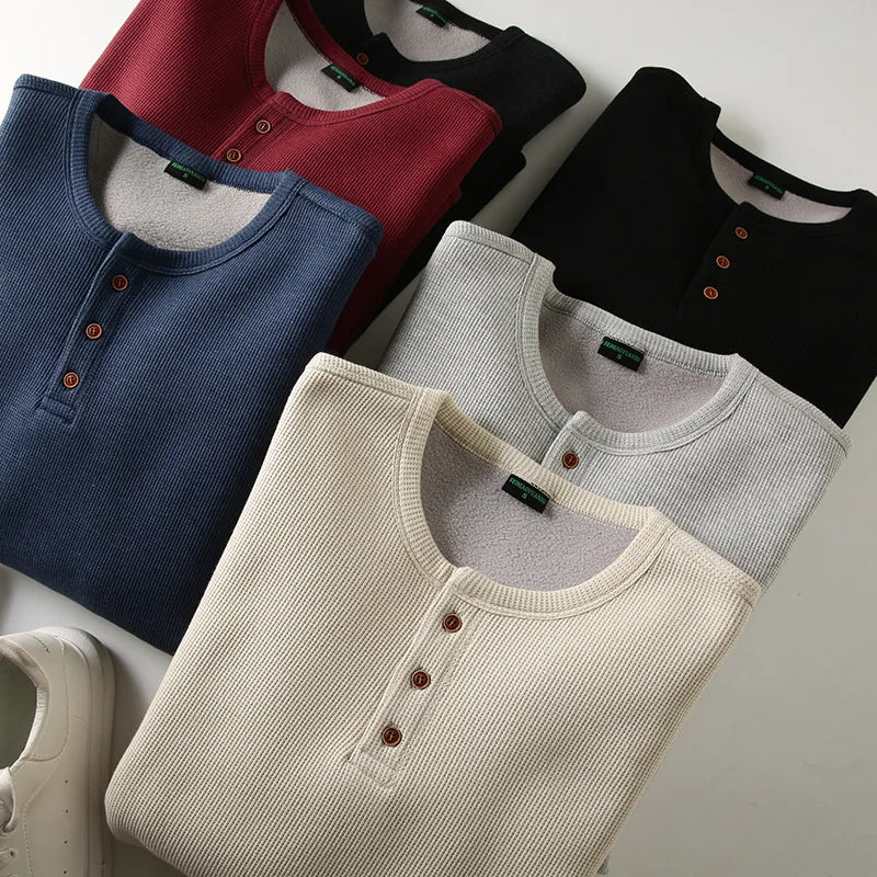Men's Fleece - Lined Thickened Long - Sleeved Henley Neck Waffle Knit T - Shirt