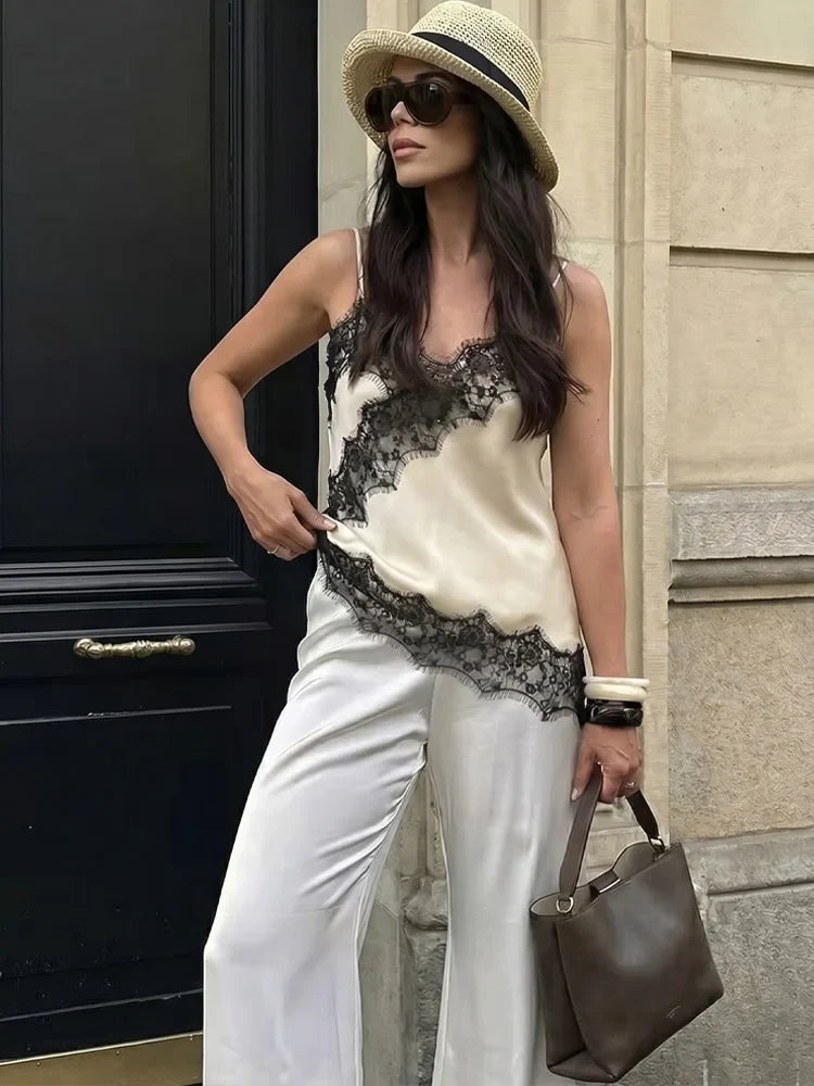 Women Fashion Lace Patchwork Straps Top Irregular Hem Spaghetti Straps V-Neck Hollow Sexy Tops 2026 Summer Night Date Wear