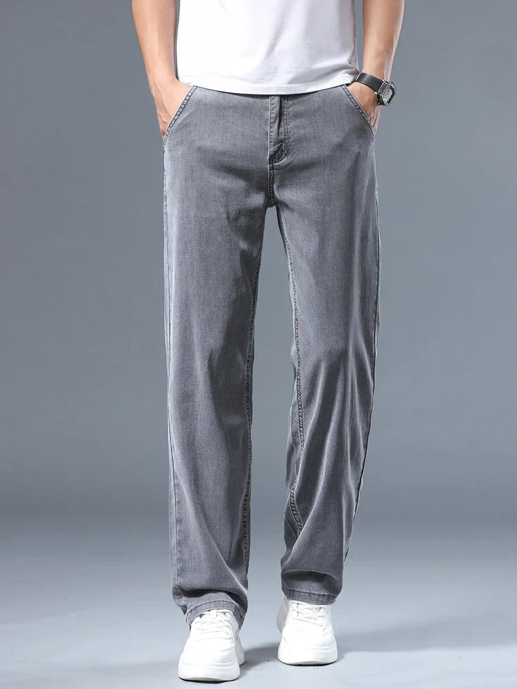 Summer Thin Men's Loose Straight Jeans Lyocell Soft Drape Business Casual Trousers Classic Smoke Gray Brand Ice Silk Pants