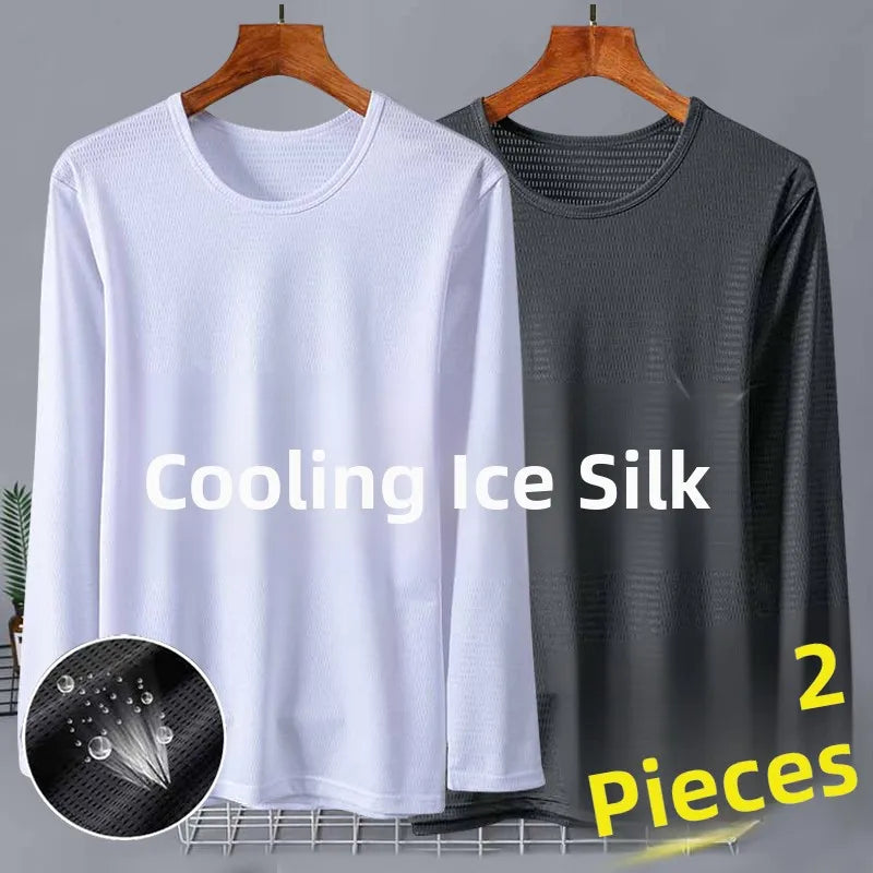 New 2025 Men's Ice Silk Breathable Sun Protection Hollow out Thin Long Sleeve Casual Sports T-Shirt Large Size Loose Fit
