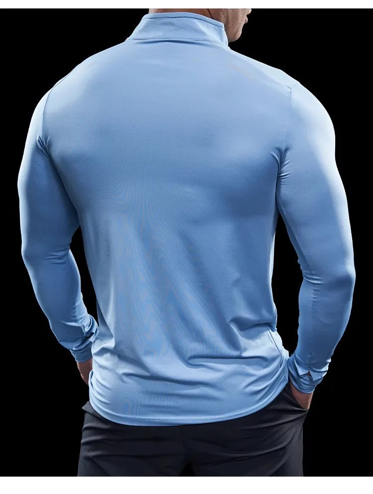 Men Stand Collar Zipper T-shirt Gym Running Training Fitness Bodybuilding Sport Top Quality Elastic Long Sleeve Tight Tops Tees