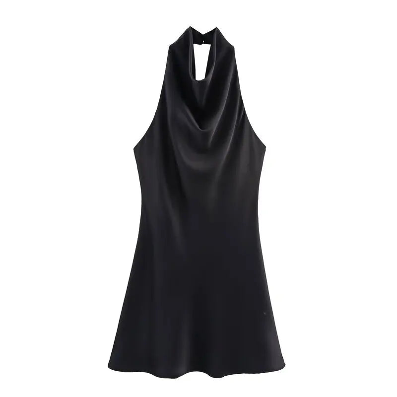 Silk Satin Texture Summer New Arrival Women's  Dr Hanging Ne Collar Gown Soft A-Line Skirt High Waist Pure Color