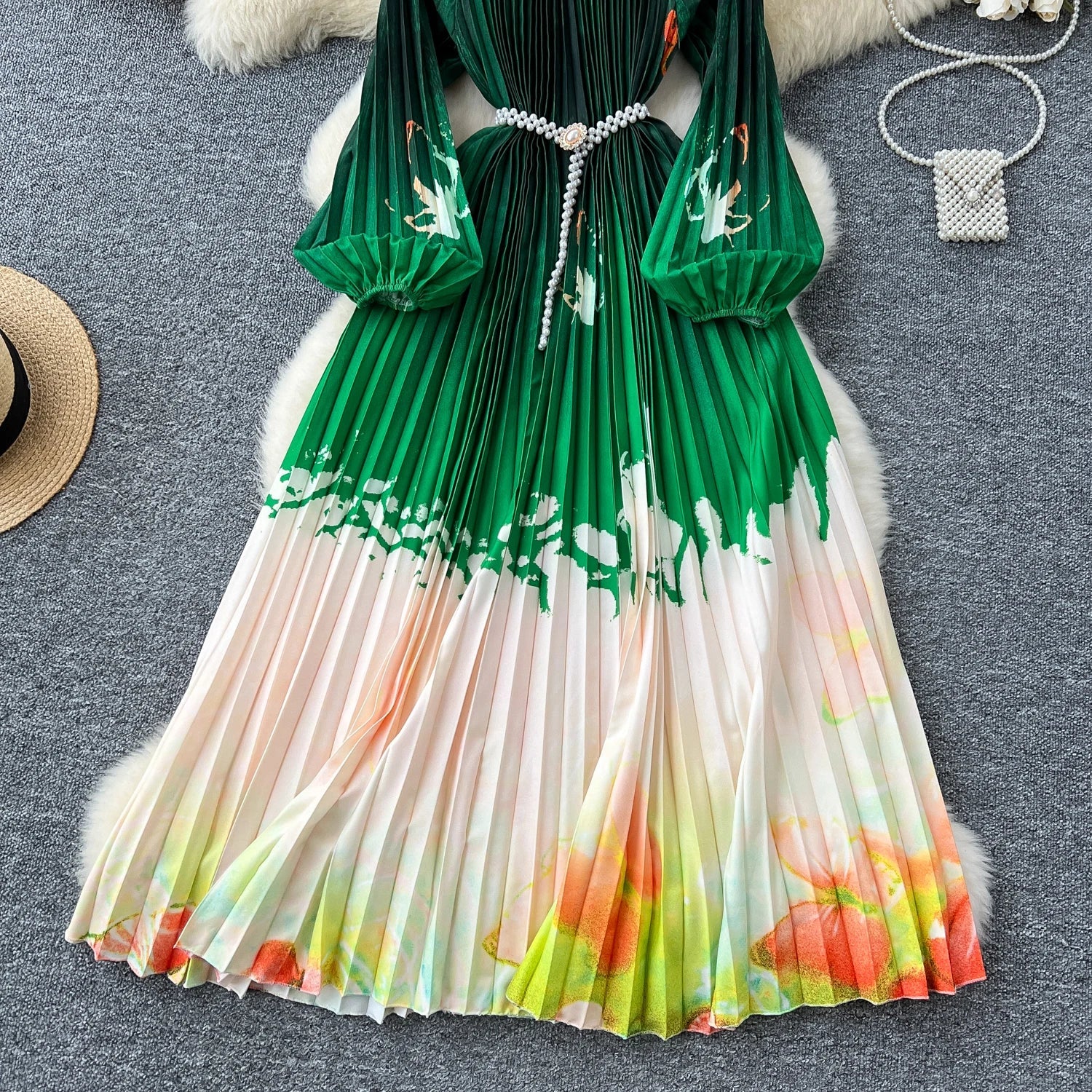 High-End Women's Dr Faionable Beaded round Ne Hollow out Pleated Lantern Sve Waist Cinched Floral Print Lon...