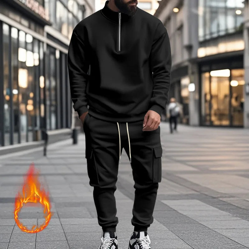 2024 autumn and winter men's casual velvet warm zipper sports trousers set