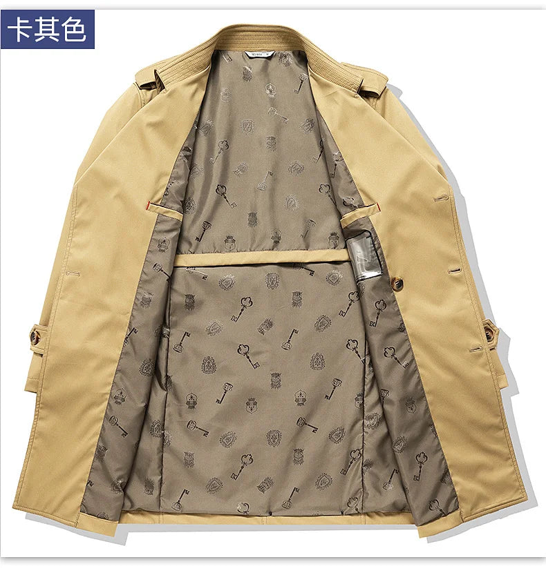 2024 Autumn New Men's Medium to Long Fashion Windbreaker Coat High Quality Double breasted British style Coat Series Belt Coat