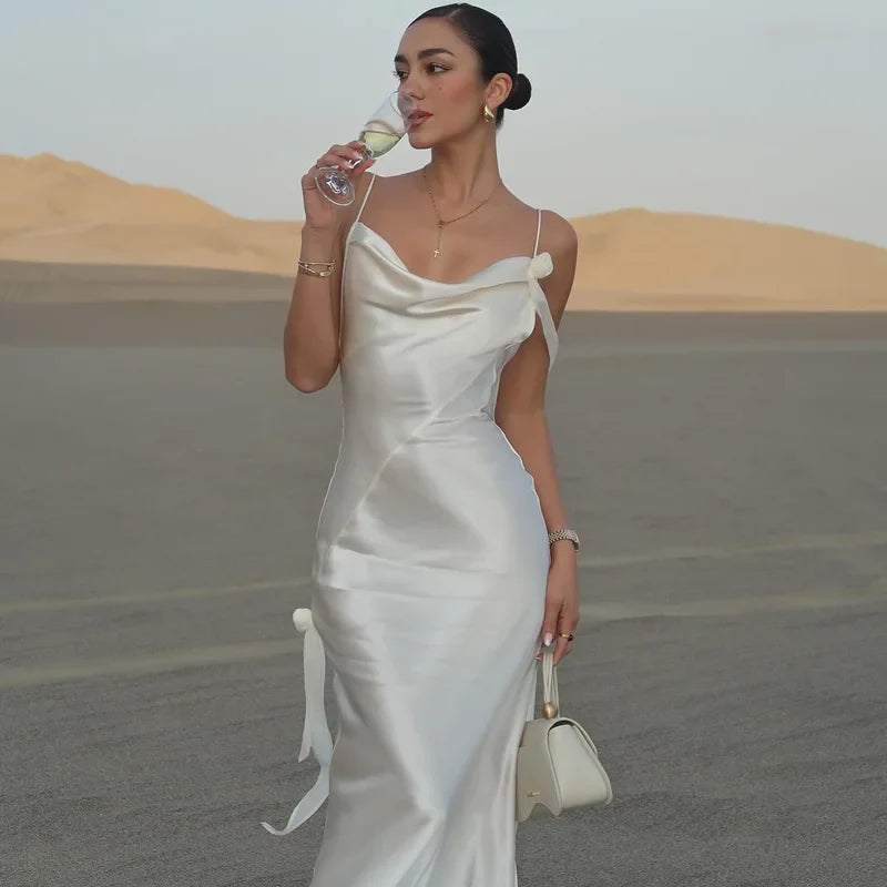 Elegant 3d Flowers Backless Dress Women Bodycon Swing Collar Sleeveless White Sling Maxi Robe 2025 Summer Lady Evevning Vestidos