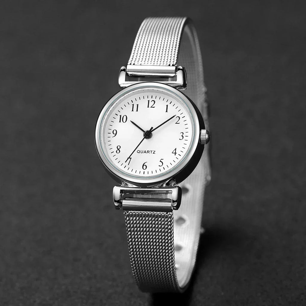 2PCS Fashion Women Quartz Watch Steel Mesh Band Watches Opening Cuff Bracelet Bangle Set（Without Box）