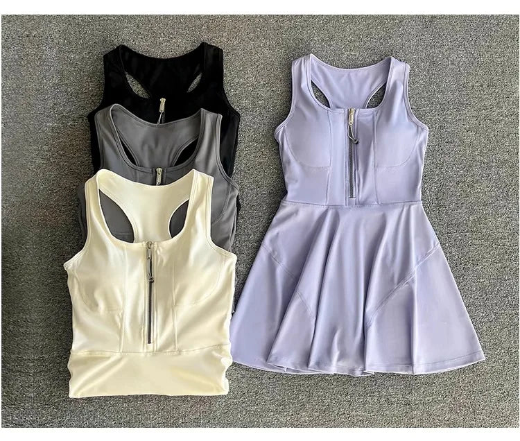 Tennis Skirt Casual Half Zipper Sports Fitness Dress Anti-Running High Waist Slim Golf Yoga Dress