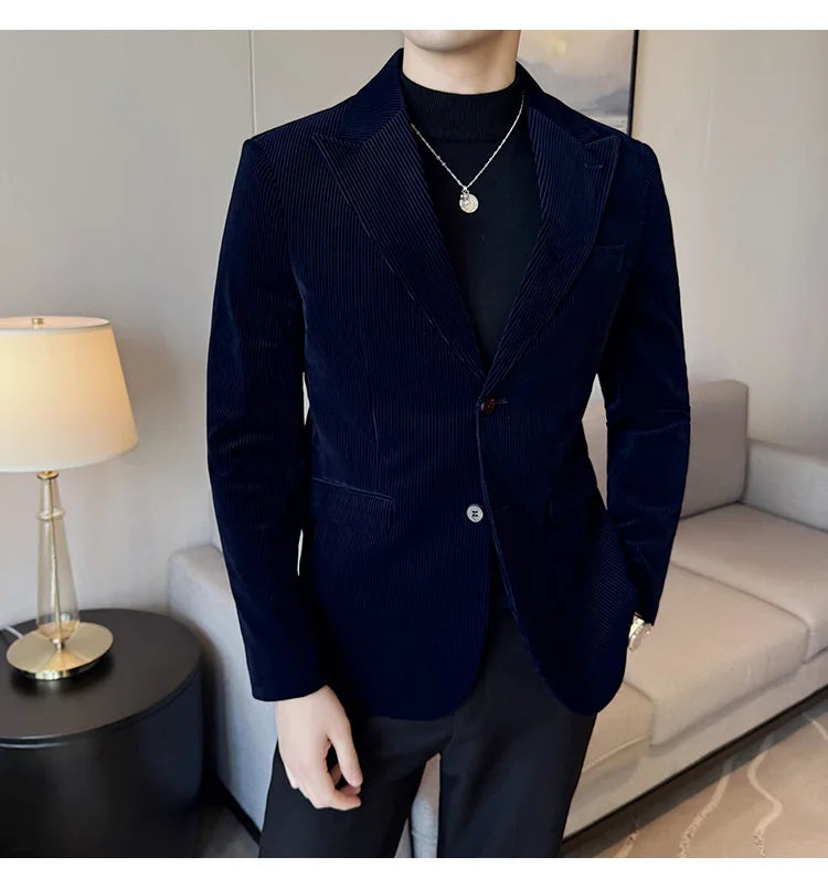 Corduroy Stripe Suit Jacket For Men Autumn Winter Business Slim Fit Tailcoat Formal Wedding Party Fashion Casual Suit Coat 4XL-M