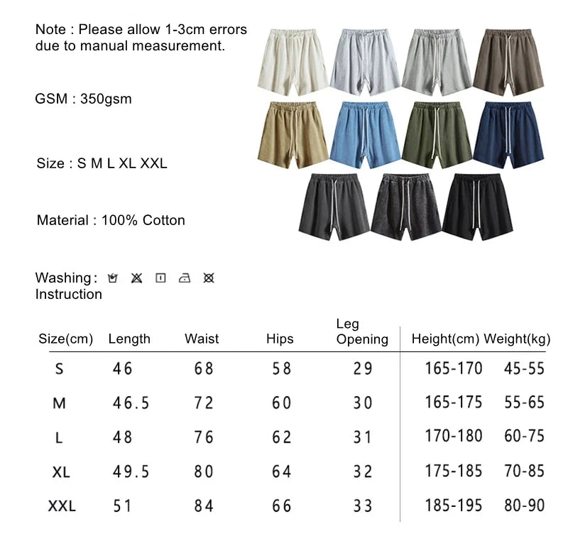 New Summer Men Retro Washed Shorts Unisex Drawstring Loose Edge 420gsm Solid Knee Length Cotton Pants Streetwears HY0589