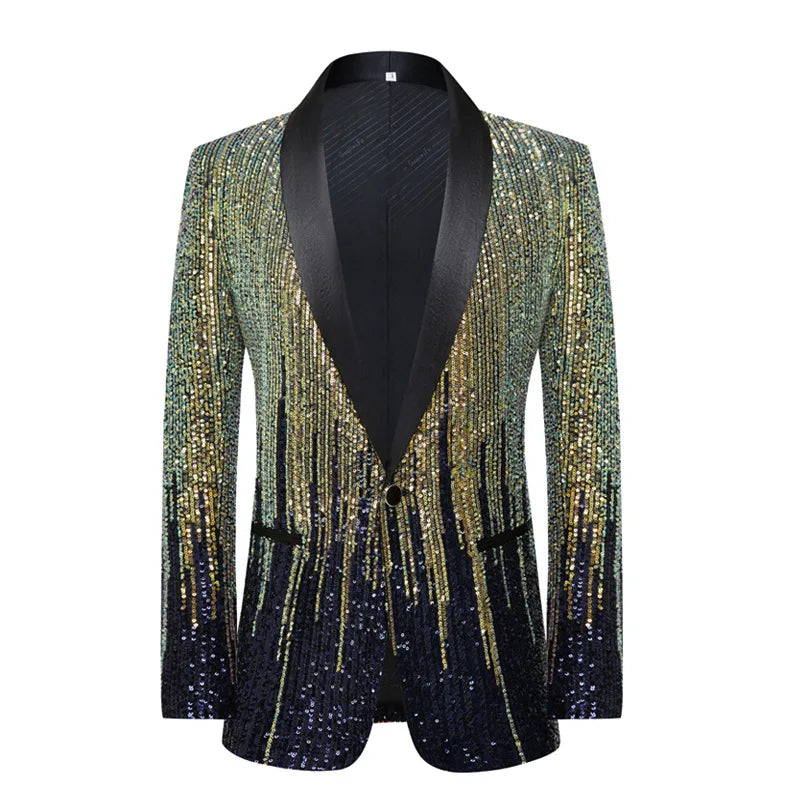 Men's Sparkling Sequin Blazer Jacket Stage Party Suit for Singer Dancer Prom Banquet Chorus Costume
