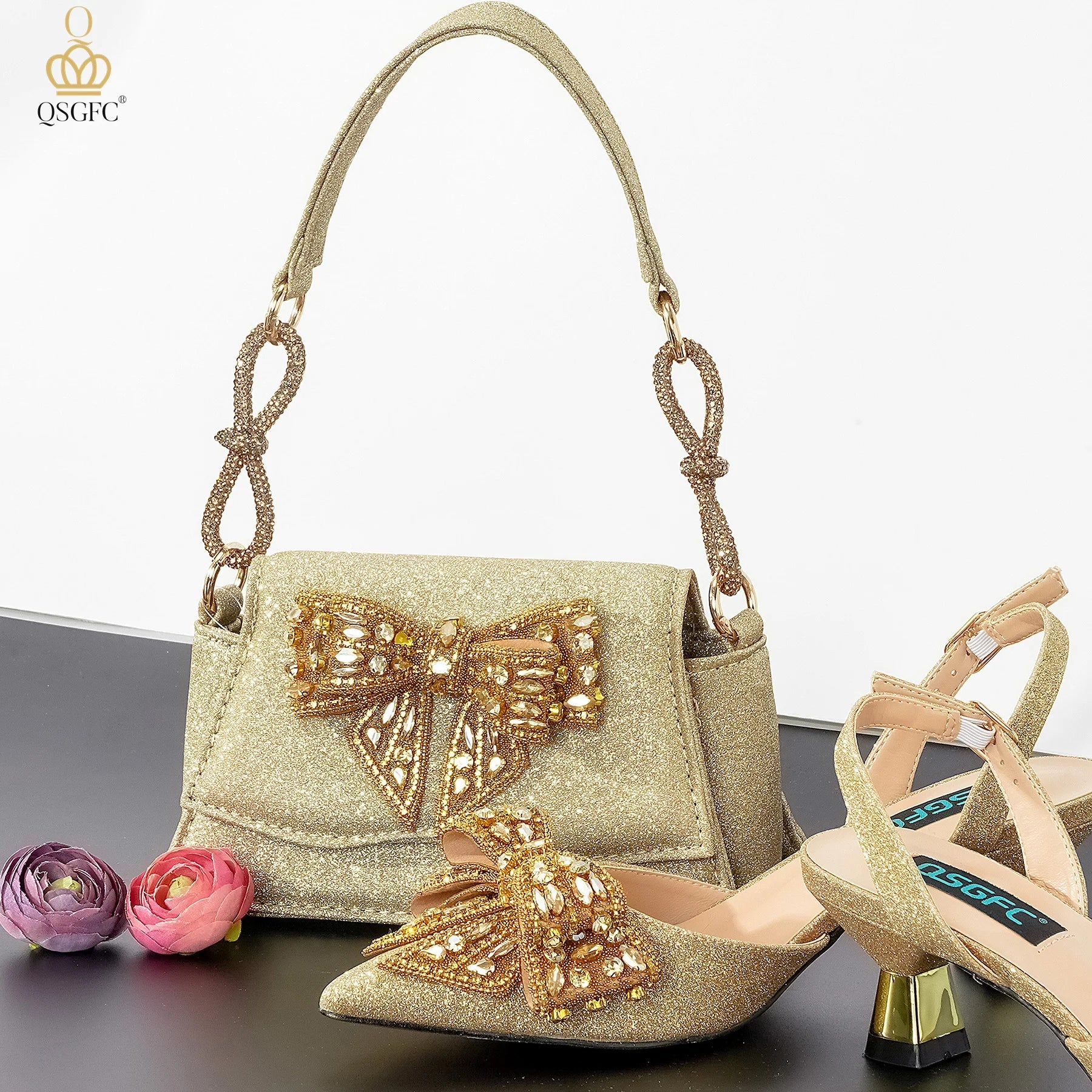 Frosted Crystal Shiny Rhinestone Pointed Shoes And Bag Set