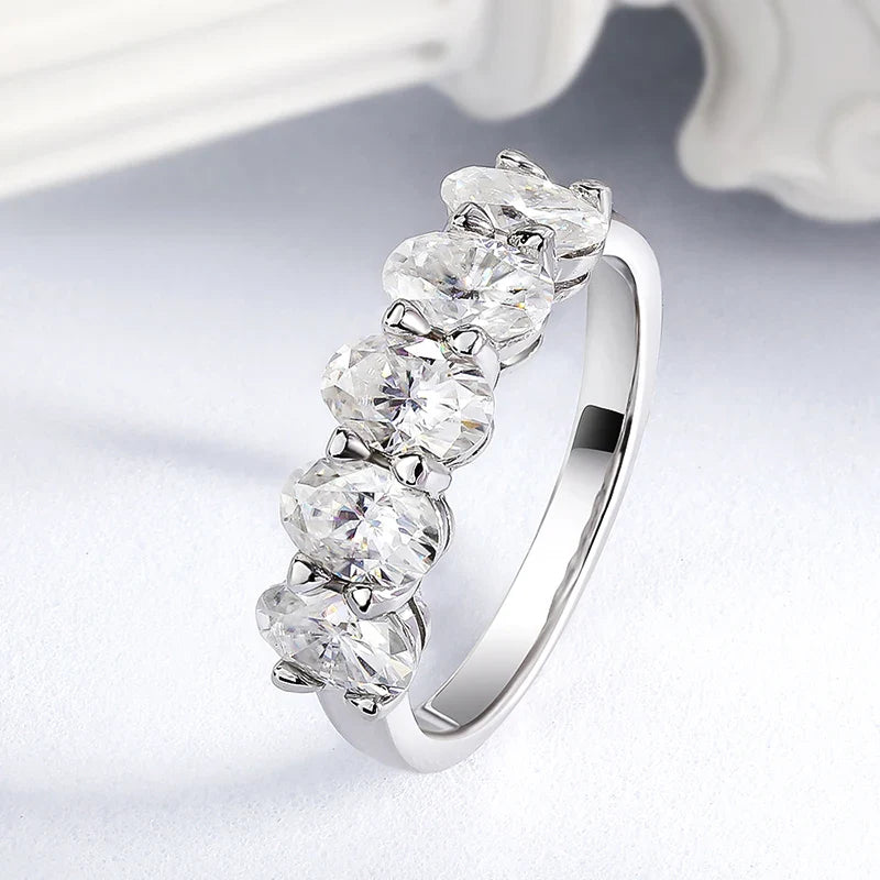 4*6mm Oval Cut Full Moissanite Ring for Women 5 Stone Lab Diamond Half Eternity Band Luxury Jewelry 925 Sterling Silver