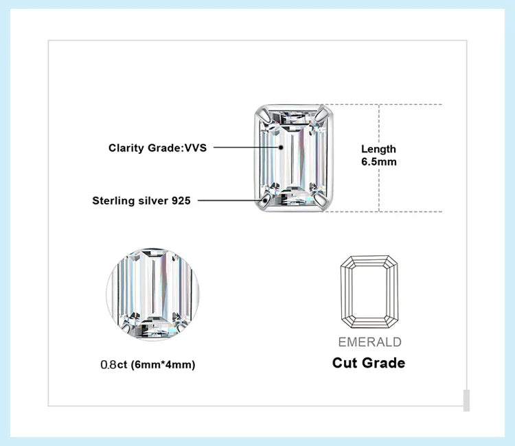 Moissanite D Color 1.6ct/pair Emerald Cut 925 Sterling Silver Stud Earrings for Woman Yellow Rose Gold Plated