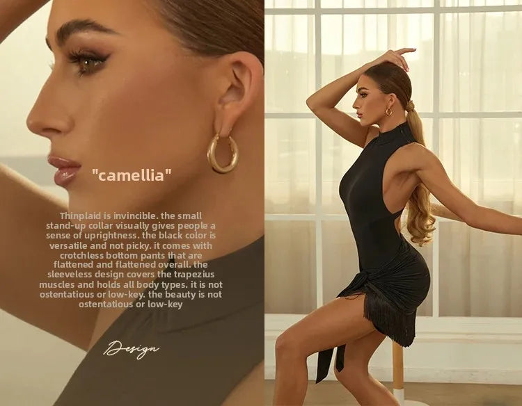 Latin Dance Dress Clothes for Women Backless Top Tassels Skirt Suit Adults Rumba Samba Ballroom Professional Training Dancewear