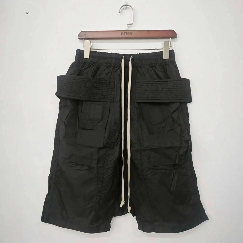 Dark Style Double Ring Fharem Knee Legnth Pants Summer High Street Fashion Drawstring Loose Fit Black Men 's Shorts 12C1243
