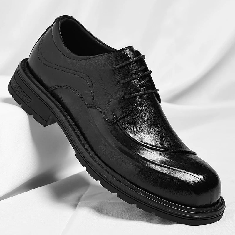 Brown Burnished Genuine Leather Lace Up Chunky Sole Formal Business Office Groom Wedding Daily Wear Shoes Fashion Comfortable
