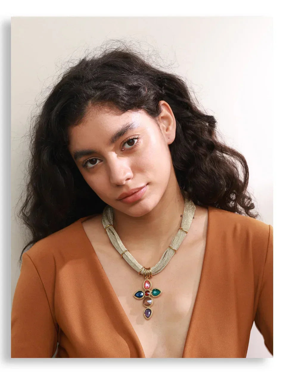 Yhpup White Colorful Shiny Glass Cross Pendant Necklace for Women Stainless Steel Polyester Chain Exquisite Jewelry Gift