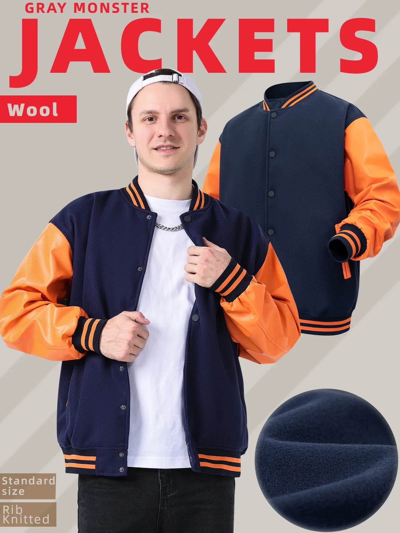 Men's Classic Varsity Jacket with Faux Leather Sleeves Letterman Style Baseball Coat Color-Block Lightweight Men's