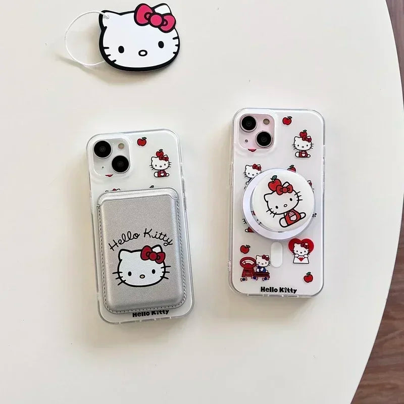 Cute Sanrio Hello Kitty Magnetic Card Wallet Holder Magsafe Wireless Charge Phone Case For iPhone 17 16 15 14 13 Pro Max Cover