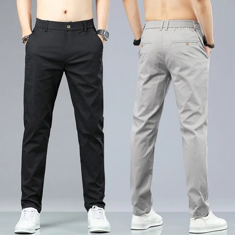 Spring Summer Cotton Men Casual Pants Elastic Waist Business Korean Fashion Straight Classic Solid Color Trousers Black Khaki