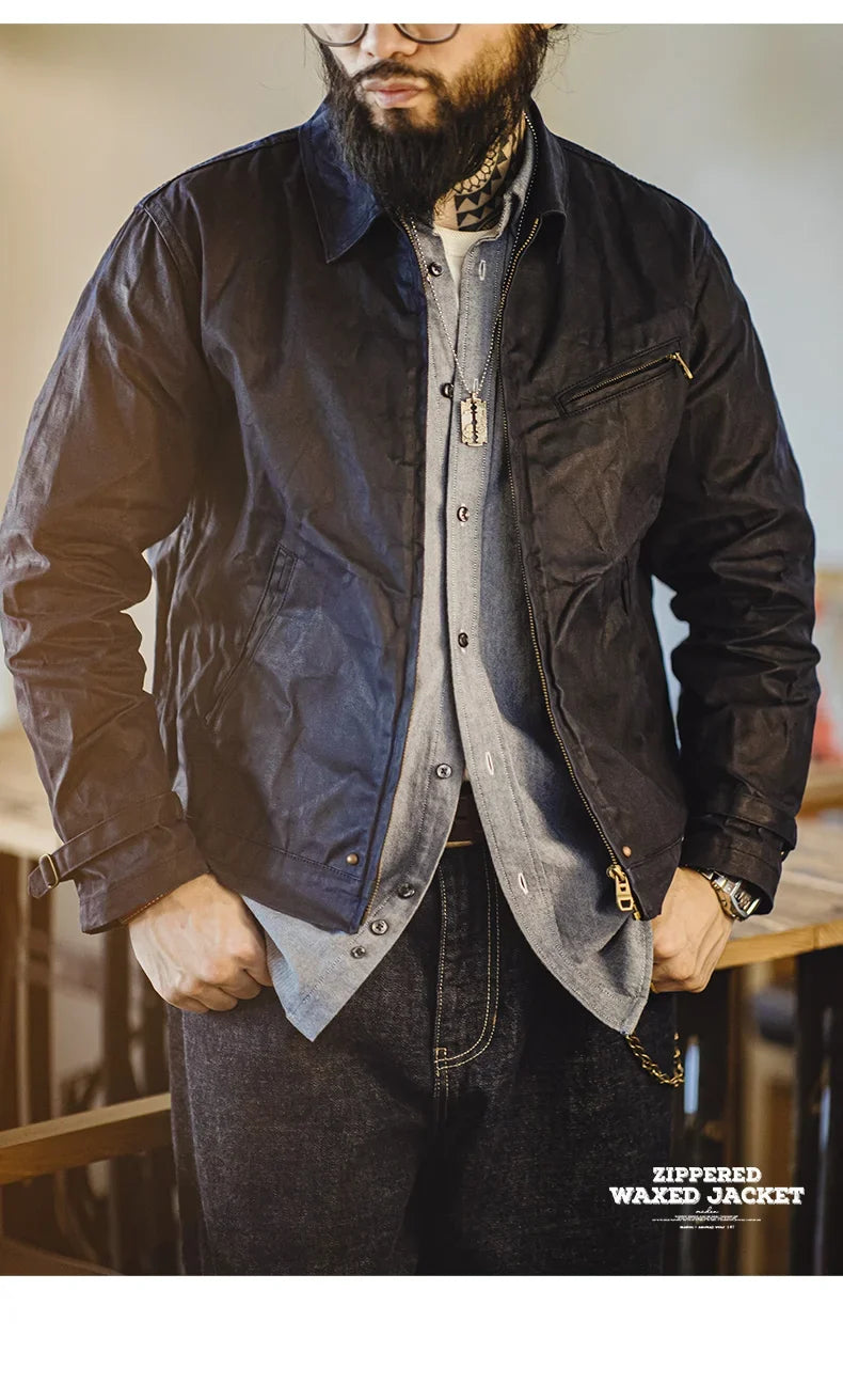 Men's Vintage IV Oil Waxed Canvas Jacket Lapel Zipper Short Outerwear Classic Slim Fit for Men's Spring and Fall Jacket