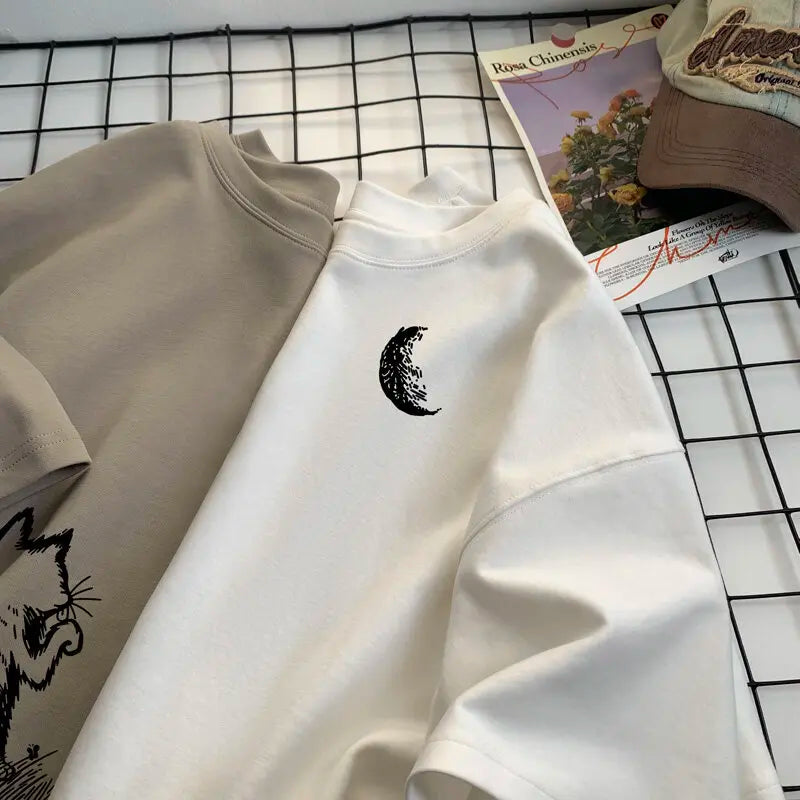تيشيرتات رجالية كبيرة الحجم بيضاء بمقاس 5XL قطنية للرجال، تيشيرت كاجوال صيفي مطبوع عليه قطة وقمر، ملابس رجالية