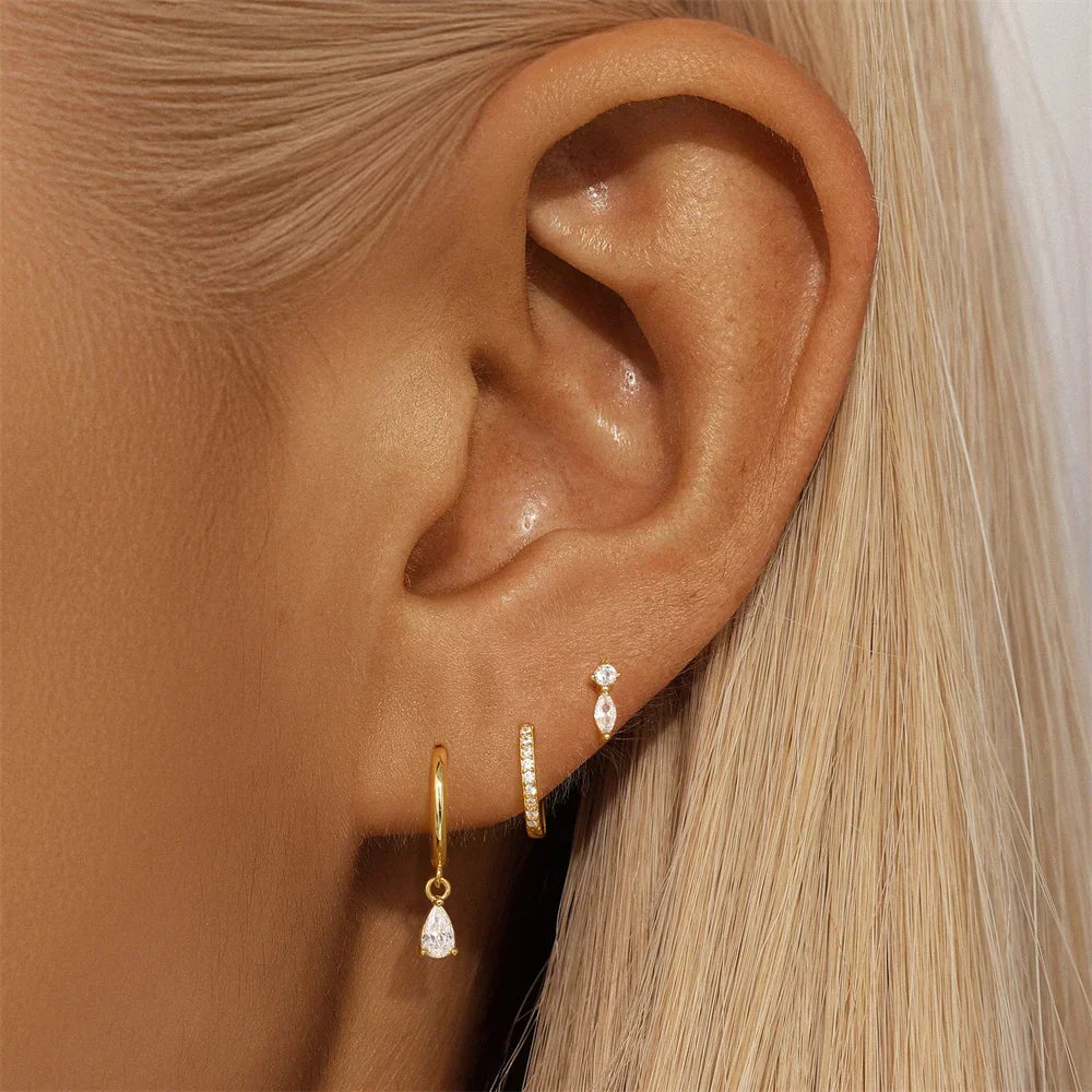 925 Sterling Silver WaterDrop/Flower/Pearl Earring Set For Women 18k Gold Plated 3 piece Earring Party Jewelry Gifts