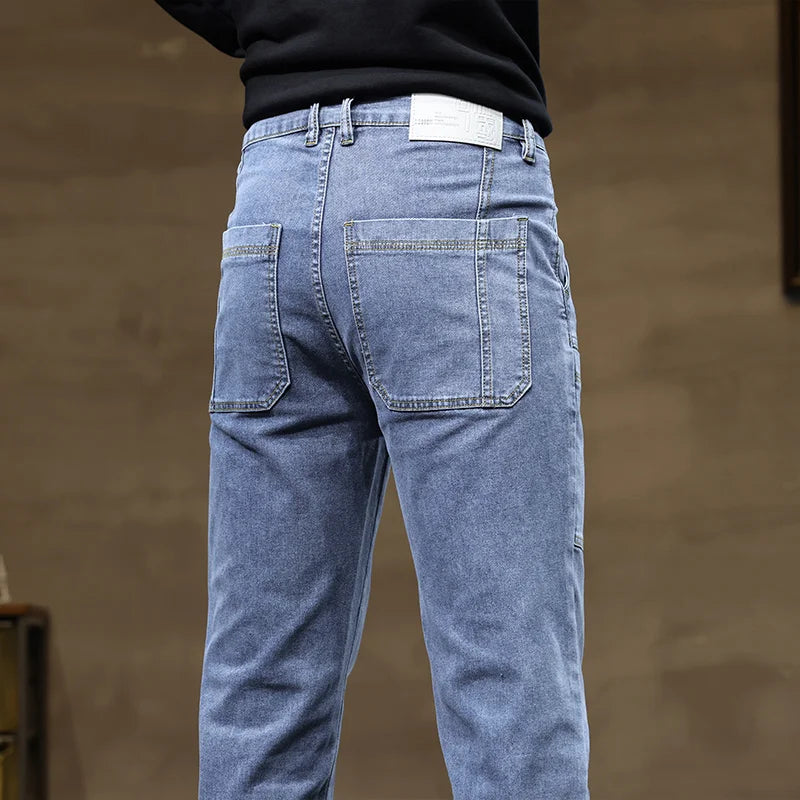 Versatile Six-Pocket Design Jeans Men's Loose Straight Leg Pants Stretchy Comfortable for Outdoor Hiking Activities All Seasons