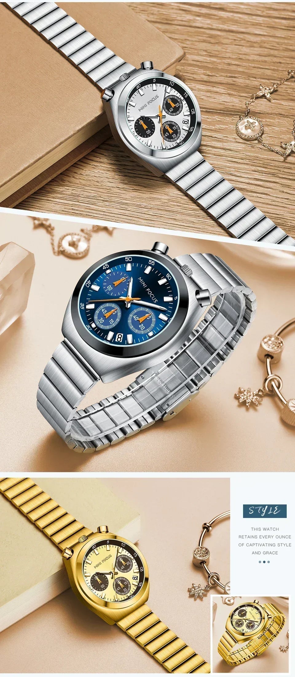 MINI FOCUS Multifunctional Panda Watch for Women Stainless Steel Casual Fashion Ladies Waterproof Quartz WristWatch Girl Gift