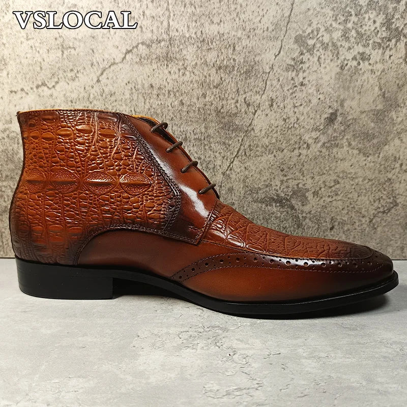 Luxury Brand Men Ankle Boots Shoes Black Brown Crocodile Prints Lace-up Mens Dress Boots Genuine Leather Dress Boots Men