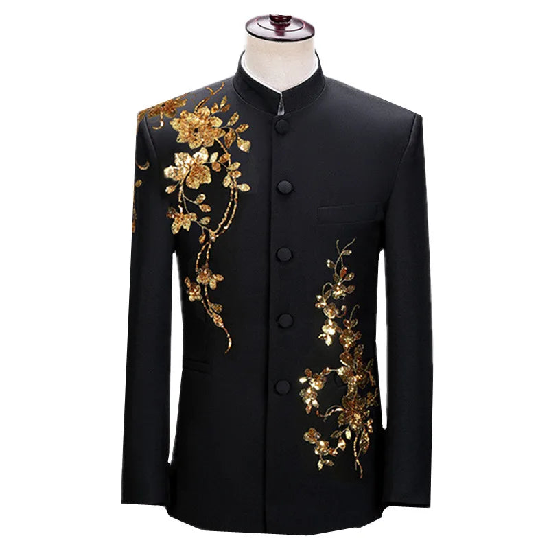 Fashion Men Stand Up Collar Floral Suit