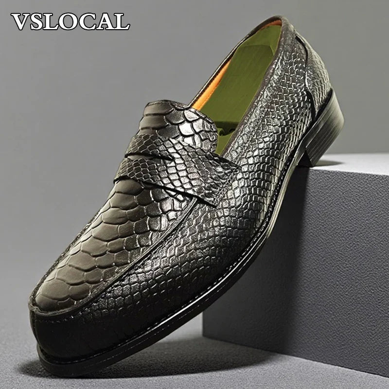 Luxury Men's Loafers Black Coffee Slip On Snake Print Mens Casual Shoes Wedding Office Banquet Genuine Leather Shoes Men