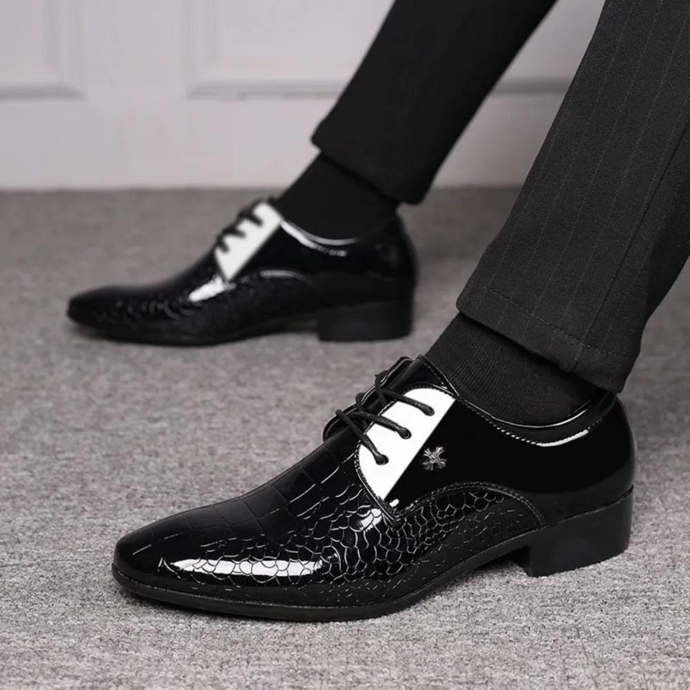 Men's Dress Shoes Business Oxford Shoes Cracked Stripe Casual Lace Up Crocodile Stripe Pattern Mens Derbys Shoes for Men