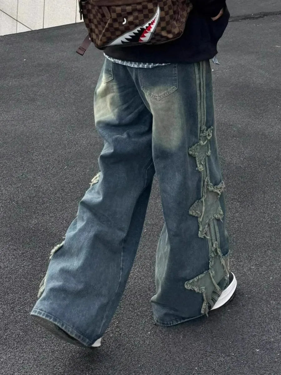 Star Jeans for Women Girls Baggy Cute Patchwork Denim Pants Y2k High Waisted Jeans Grunge Aesthetic Clothes