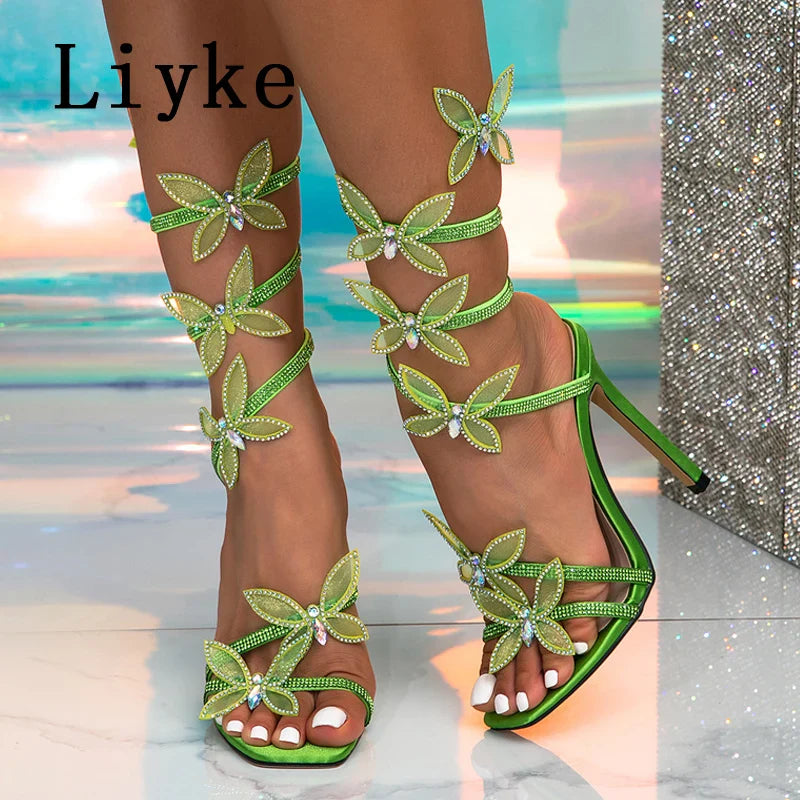 صنادل نسائية Liyke Fashion Glitter Rhinestones كريستال فراشة مربعة الأصابع أحذية حفلات الزفاف المثيرة بكعب عالٍ أسود أزرق