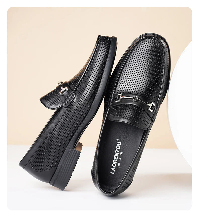LAORENTOU men's bean shoes, genuine leather hollow out breathable business casual dad leather sandals, soft soled loafers10790DW