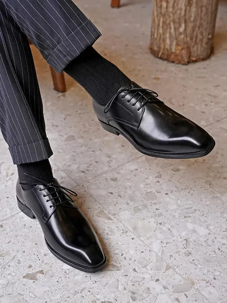Italian Flat Mens Dress Shoes Luxury Genuine Leather Brand Handmade Quality Square Toe Laces Up New Business Party Social Shoes