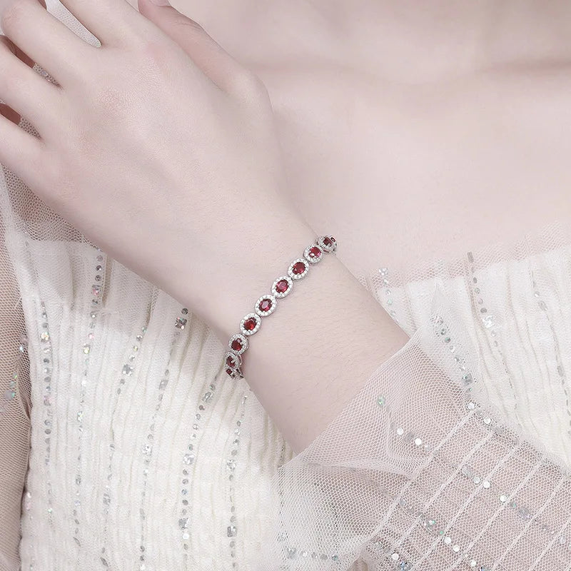 2023 New In Real S925 Sterling Silver Full Ruby Link Bracelet for Women Lab Grown Gemstones Bracelets Party Fine Jewelry