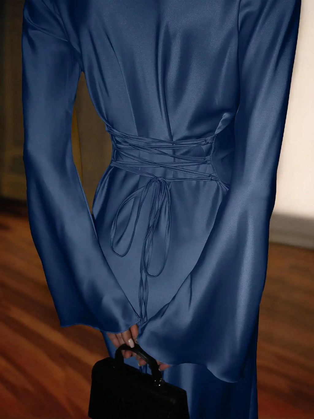 Women's Bespoke Satin Maxi Dress with Corset Waist Tie Classic Round Neck & Dramatic Flared Sleeves Luxury Evening Dress